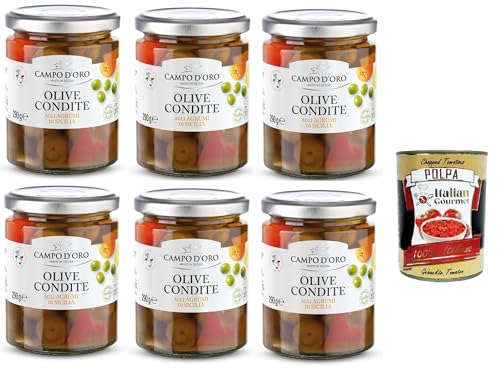 Campo D'Oro Olive Condite agli agrumi di Sicilia Oliven von Campo D'Oro, gewürzt mit sizilianischen Zitrusfrüchten 6x290gr + Italian Gourmet polpa 400g Campo D'Oro Olive Condite agli agrumi di Sicilia Oliven von Campo D'Oro, gewürzt mit sizilianischen Zitrusfrüchten 6x290gr + Italian Gourmet polpa 400g von Italian Gourmet E.R.