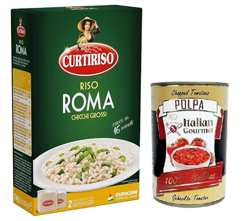 Curtiriso Riso Roma,100% Italienischer Reis,Ideal für weiche Risottos,Reis mit Sauce und Timbales Kochzeit 16 Minuten,Packung mit 1Kg + Italian Gourmet Polpa di Pomodoro 400g Dose von Italian Gourmet E.R.