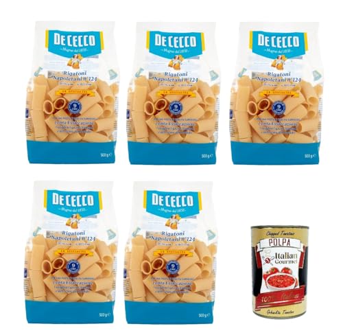 De Cecco Le Specialità Rigatoni Napoletani N°124, 100% Italienisch Pasta Nudeln 5x 500g + Italian Gourmet Polpa 400g von Italian Gourmet E.R.