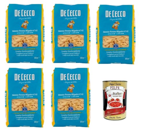 De Cecco Mezze Penne rigate N°141 100% Italienisch Pasta Nudeln 5x 500g + Italian Gourmet Polpa 400g von Italian Gourmet E.R.