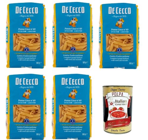 De Cecco Penne lisce N°40, 100% Italienisch Pasta Nudeln 5x 500g + Italian Gourmet Polpa 400g von Italian Gourmet E.R.