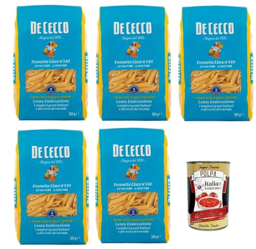 De Cecco Pennette Lisce N°140 100% Italienisch Pasta Nudeln 5x 500g + Italian Gourmet Polpa 400g von Italian Gourmet E.R.