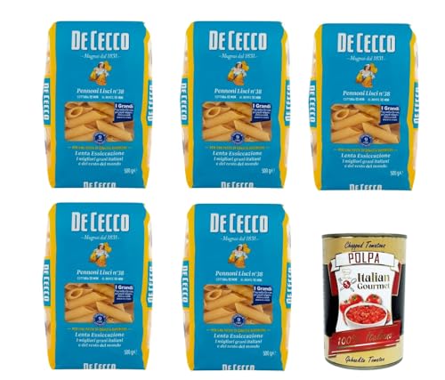 De Cecco Pennoni Lisci N°38, 100% Italienisch Pasta Nudeln 5x 500g + Italian Gourmet Polpa 400g von Italian Gourmet E.R.