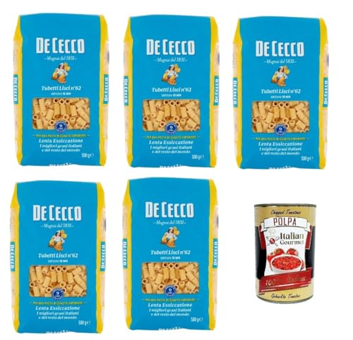 De Cecco Tubetti Lisci N°62, 100% Italienisch Pasta Nudeln 5x 500g + Italian Gourmet Polpa 400g von Italian Gourmet E.R.