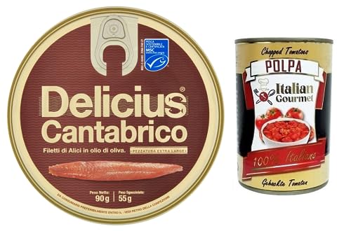 Delicius Cantabrico Filetti di Alici in Olio di Oliva,Sardellenfilets in Olivenöl,Hochwertiger Blauer Fisch,90g Dose + Italian Gourmet Polpa di Pomodoro 400g Dose von Italian Gourmet E.R.