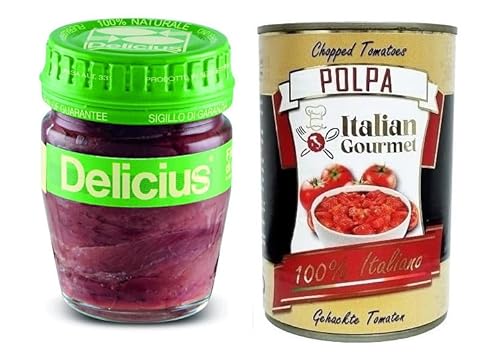 Delicius Filetti Di Alici In Olio Di Girasole,Sardellenfilets in Sonnenblumenöl,Hochwertiger Blauer Fisch,Glas 58g + Italian Gourmet Polpa di Pomodoro 400g Dose Delicius Filetti Di Alici In Olio Di Girasole,Sardellenfilets in Sonnenblumenöl,Hochwertiger Blauer Fisch,Glas 58g + Italian Gourmet Polpa di Pomodoro 400g Dose von Italian Gourmet E.R.