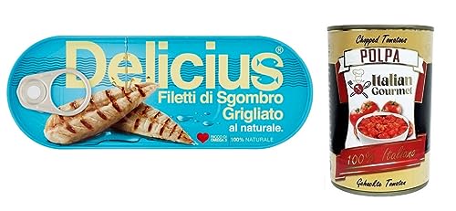 Delicius Filetti di Sgombro Grigliati al Naturale,Natürliche Gegrillte Makrelenfilets,reich an Omega 3,Hochwertiger Blauer Fisch,110g Dose + Italian Gourmet Polpa di Pomodoro 400g Dose Delicius Filetti di Sgombro Grigliati al Naturale,Natürliche Gegrillte Makrelenfilets,reich an Omega 3,Hochwertiger Blauer Fisch,110g Dose + Italian Gourmet Polpa di Pomodoro 400g Dose von Italian Gourmet E.R.