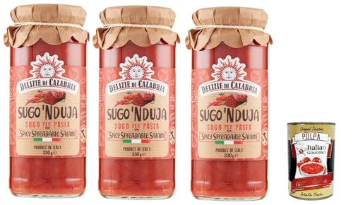 Delizie di calabria sugo 'nduja sugo per pasta con spicy spreadable salami, Sauce für Pasta 3x 330 g + Italian Gourmet polpa 400g von Italian Gourmet E.R.