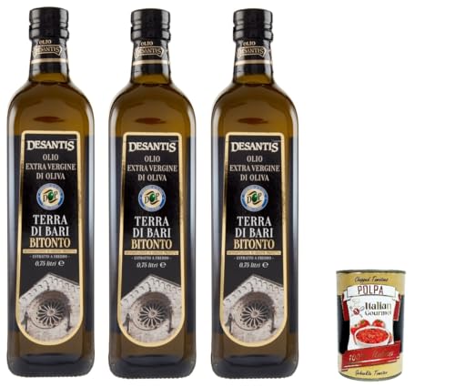 Desantis olio extra vergine di oliva DOP, Natives Olivenöl extra, terra di bari bitonto DOP, 3x 0,75 l + Italian Gourmet polpa 400g Desantis olio extra vergine di oliva DOP, Natives Olivenöl extra, terra di bari bitonto DOP, 3x 0,75 l + Italian Gourmet polpa 400g von Italian Gourmet E.R.