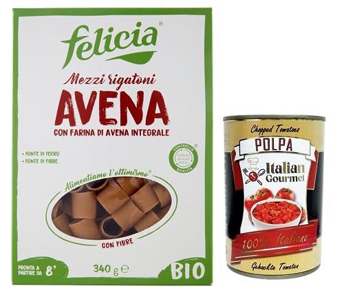 Felicia Mezzi Rigatoni Avena,Pasta con Farina di Avena integrale,Nudeln mit Vollkorn-Haferflocken,Bio und Natürlich Glutenfrei,Packung mit 340g + Italian Gourmet Polpa di Pomodoro 400g Dose Felicia Mezzi Rigatoni Avena,Pasta con Farina di Avena integrale,Nudeln mit Vollkorn-Haferflocken,Bio und Natürlich Glutenfrei,Packung mit 340g + Italian Gourmet Polpa di Pomodoro 400g Dose von Italian Gourmet E.R.