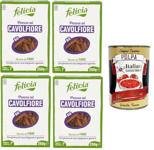Felicia Penne al Cavolfiore Con farina di riso integrale e quinoa Blumenkohl-Penne mit braunem Reismehl und Quinoa 4x250gr + Italian Gourmet polpa 400g Felicia Penne al Cavolfiore Con farina di riso integrale e quinoa Blumenkohl-Penne mit braunem Reismehl und Quinoa 4x250gr + Italian Gourmet polpa 400g von Italian Gourmet E.R.