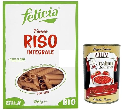 Felicia Penne di Riso Integrale,Pasta mit 100% braunem Reis aus der italienischen Lieferkette,Bio und Natürlich Glutenfrei,Packung mit 340g + Italian Gourmet Polpa di Pomodoro 400g Dose von Italian Gourmet E.R.