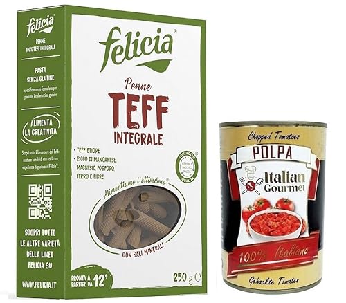 Felicia Penne di Teff Integrale,Pasta mit 100% Vollkorn Teff,Bio und Natürlich Glutenfrei,Authentischer Geschmack der äthiopischen Küche,Packung mit 250g + Italian Gourmet Polpa di Pomodoro 400g Dose von Italian Gourmet E.R.