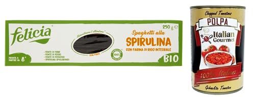 Felicia Spaghetti alla Spirulina,Nudeln mit Braunem Reismehl,Pasta mit Bio-Apulia-Kundi-Spirulina,Glutenfrei,Packung mit 250g + Italian Gourmet Polpa di Pomodoro 400g Dose von Italian Gourmet E.R.