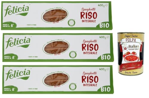 Felicia Spaghetti di Riso Integrale, Pasta mit 100 % braunem Reis aus der italienischen Lieferkette, Natürlich Glutenfrei, Packung mit 3x 400g + Italian Gourmet Polpa di Pomodoro 400g Dose Felicia Spaghetti di Riso Integrale, Pasta mit 100 % braunem Reis aus der italienischen Lieferkette, Natürlich Glutenfrei, Packung mit 3x 400g + Italian Gourmet Polpa di Pomodoro 400g Dose von Italian Gourmet E.R.