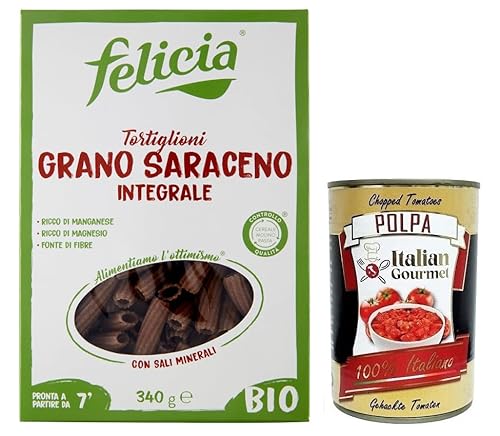 Felicia Tortiglioni di Grano Saraceno Integrale,Pasta mit 100% Bio-Buchweizen,Bio und Natürlich Glutenfrei,Packung mit 340g + Italian Gourmet Polpa di Pomodoro 400g Dose von Italian Gourmet E.R.