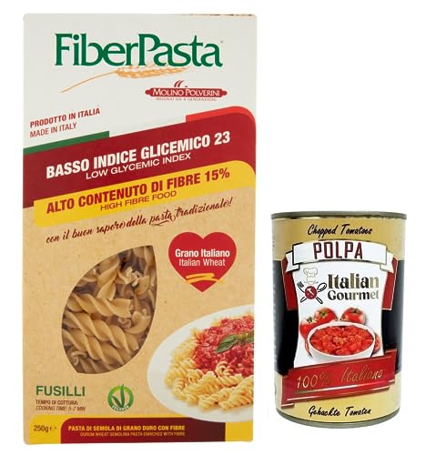 FiberPasta Fusilli Hartweizengrieß Pasta mit 15% Ballaststoffen,niedriger glykämischer Index,100% Italienischer Weizen,250g + Italian Gourmet Polpa di Pomodoro 400g Dose von Italian Gourmet E.R.