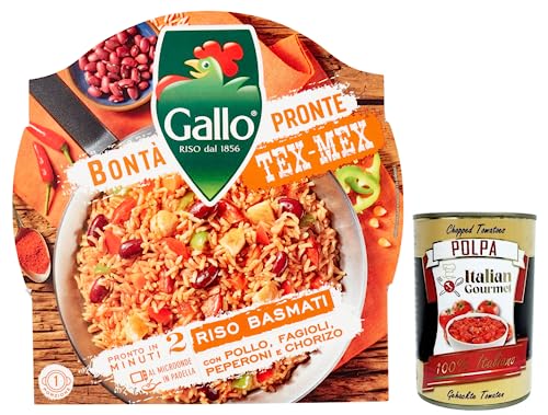 Gallo Bontà Pronte Tex-Mex Riso Basmati,Vorgekochte Zubereitung auf Basis von braunem Basmatireis, Paprika, Bohnen, Hühnchen und Chorizo,220g + Italian Gourmet Polpa di Pomodoro 400g Dose von Italian Gourmet E.R.