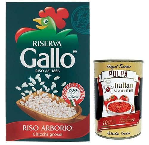 Gallo Riso Arborio Riserva,100% Italienischer Reis,Kochzeit 15 Minuten,Packung mit 1Kg + Italian Gourmet Polpa di Pomodoro 400g Dose von Italian Gourmet E.R.