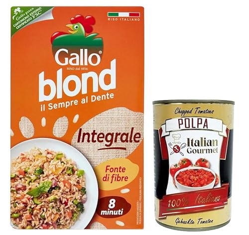 Gallo Riso Blond Integrale,100% Italienischer Reis,Ballaststoffquelle,Vollkorn Reis Kochzeit 8 Minuten,Packung mit 1Kg + Italian Gourmet Polpa di Pomodoro 400g Dose von Italian Gourmet E.R.