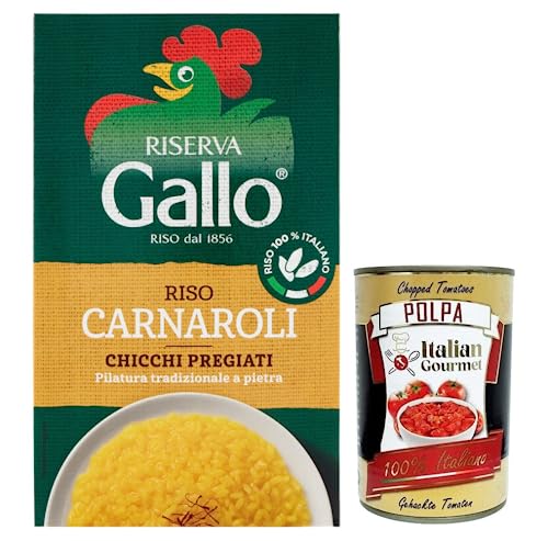 Gallo Riso Riserva Carnaroli,100% Italienischer Reis,Kochzeit 15 Minuten,Ideal für Risottos,Packung mit 1Kg + Italian Gourmet Polpa di Pomodoro 400g Dose von Italian Gourmet E.R.