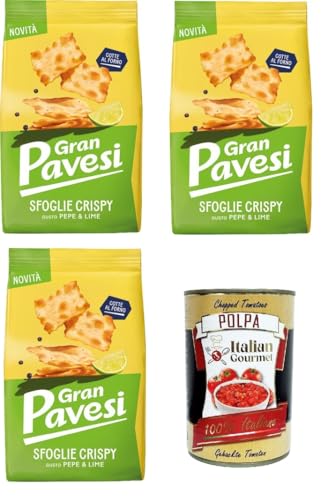 Gran Pavesi Knuspriger Blätterteig-Snack mit Pfeffer- und Limettengeschmack, gebacken, 3 x 150 g+ Italian Gourmet Polpa di Pomodoro 400g Gran Pavesi Knuspriger Blätterteig-Snack mit Pfeffer- und Limettengeschmack, gebacken, 3 x 150 g+ Italian Gourmet Polpa di Pomodoro 400g von Italian Gourmet E.R.