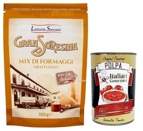 Gran Soresina Mix di Formaggi Grattugiati,Mischung aus Geriebenem Käse,100% Italienische Milch 100g + Italian Gourmet Polpa di Pomodoro 400g Dose von Italian Gourmet E.R.