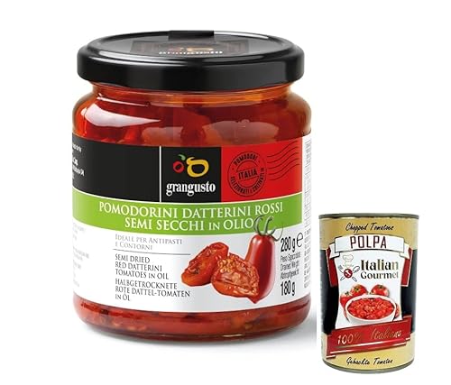 Grangusto Pomodorini Datterini Rossi Semi Secchi in Olio,Halbgetrocknete Rote Dattel-Tomaten in Öl,Italienische Tomate,280g Glas + Italian Gourmet Polpa di Pomodoro 400g Dose Grangusto Pomodorini Datterini Rossi Semi Secchi in Olio,Halbgetrocknete Rote Dattel-Tomaten in Öl,Italienische Tomate,280g Glas + Italian Gourmet Polpa di Pomodoro 400g Dose von Italian Gourmet E.R.