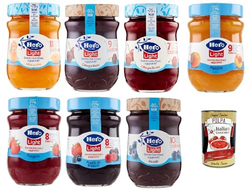 Hero Light Konfitüre Leichte Brotaufstriche Testpaket, Extra-Marmelade und Konfitüre mit hochwertigen Früchten, ohne Zuckerzusatz und sehr wenig Kalorien 7x 280 g + Italian Gourmet polpa 400g Hero Light Konfitüre Leichte Brotaufstriche Testpaket, Extra-Marmelade und Konfitüre mit hochwertigen Früchten, ohne Zuckerzusatz und sehr wenig Kalorien 7x 280 g + Italian Gourmet polpa 400g von Italian Gourmet E.R.