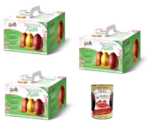 Il Galeone Trilogia di Frutta Fruchttrilogie, Drei Eier aus reiner weißer Schokolade in den Geschmacksrichtungen Pfirsich, Banane und Kirsche 3 x 540 g (180 g x 3)+ Italian Gourmet polpa 400g von Italian Gourmet E.R.