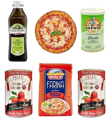 Italian Gourmet Homemade 🍕Pizza🍕 Kit 1x Farchioni Natives Olivenöl extra oil 250ml 2x geschälte Tomaten 400gr 1x Caputo Trockenhefe 100gr 1x Divella Pizzamehl 1kg von Italian Gourmet E.R.