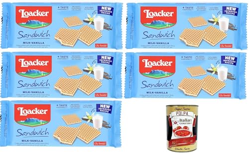Loacker - Milch-Vanille-Sandwich - Waffelkekse mit einem Herz aus Milch und Vanillecreme, umhüllt von 2 knusprigen Kakaowaffeln 5x75gr+Italian Gourmet Polpa di Pomodoro 400gr Loacker - Milch-Vanille-Sandwich - Waffelkekse mit einem Herz aus Milch und Vanillecreme, umhüllt von 2 knusprigen Kakaowaffeln 5x75gr+Italian Gourmet Polpa di Pomodoro 400gr von Italian Gourmet E.R.
