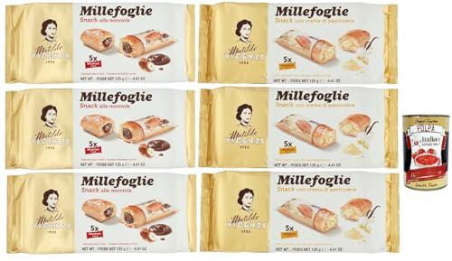 Matilde Vicenzi millefoglie snack Testpaket , Blätterteigbacken, knusprige und zarte, snack gefüllt von Haselnusscreme und creme 6x 125g + Italian gourmet polpa 400g Matilde Vicenzi millefoglie snack Testpaket , Blätterteigbacken, knusprige und zarte, snack gefüllt von Haselnusscreme und creme 6x 125g + Italian gourmet polpa 400g von Italian Gourmet E.R.