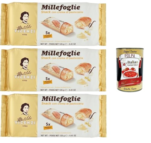 Matilde Vicenzi millefoglie snack alla crema pasticcera, Blätterteigbacken, knusprige und zarte, snack gefüllt von Pudding creme 3x 125g + Italian gourmet polpa 400g Matilde Vicenzi millefoglie snack alla crema pasticcera, Blätterteigbacken, knusprige und zarte, snack gefüllt von Pudding creme 3x 125g + Italian gourmet polpa 400g von Italian Gourmet E.R.