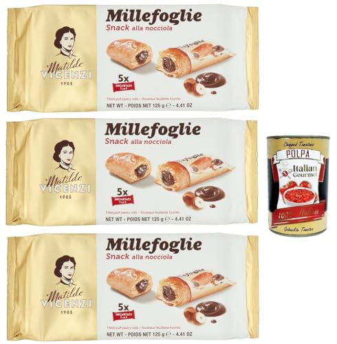 Matilde Vicenzi millefoglie snack alla nocciola , Blätterteigbacken, knusprige und zarte, snack gefüllt von Haselnusscreme 3x 125g + Italian gourmet polpa 400g Matilde Vicenzi millefoglie snack alla nocciola , Blätterteigbacken, knusprige und zarte, snack gefüllt von Haselnusscreme 3x 125g + Italian gourmet polpa 400g von Italian Gourmet E.R.