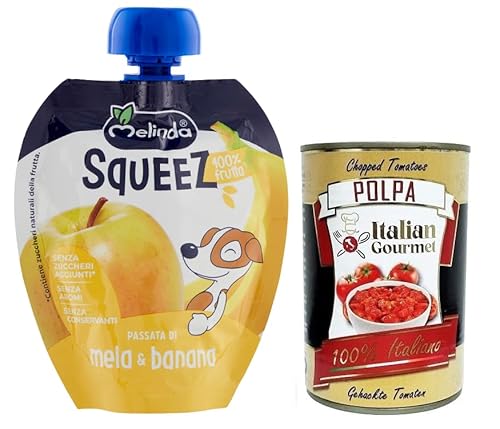 Melinda Mela Banana Squeez 100% Frucht,Apfel- und Bananenpüree,Obst zum Auspressen,90g + Italian Gourmet Polpa di Pomodoro 400g Dose von Italian Gourmet E.R.