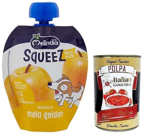 Melinda Passata di Mela Golden Squeez 100% Frucht,Goldenes Apfel Fruchtpüree,Obst zum Auspressen,90g + Italian Gourmet Polpa di Pomodoro 400g Dose von Italian Gourmet E.R.