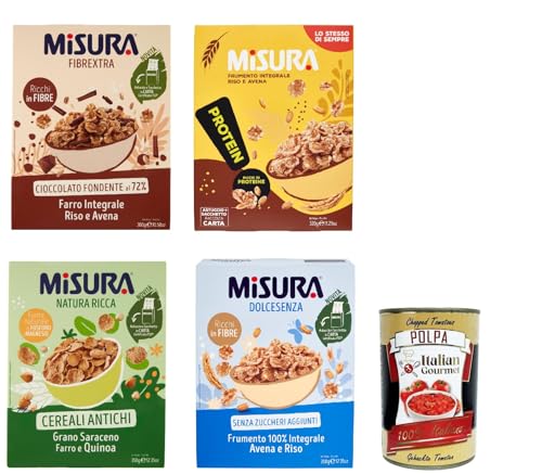 Misura Cereali Testpaket, Müsli Fibraextra, Protein, Natura Ricca, Dolcesenza, Vollkornschild, Reis und Vollkorn, 4x 300g + Italian Gourmet polpa 400g Misura Cereali Testpaket, Müsli Fibraextra, Protein, Natura Ricca, Dolcesenza, Vollkornschild, Reis und Vollkorn, 4x 300g + Italian Gourmet polpa 400g von Italian Gourmet E.R.