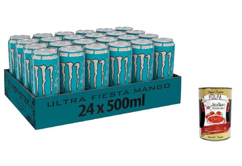 Monster Energy Ultra Fiesta - koffeinhaltiger Energy Drink mit leichtem Mango-Geschmack - ohne Zucker und ohne Kalorien - in praktischen Einweg Dosen (24 x 500 ml) + Italian Gourmet polpa 400g von Italian Gourmet E.R.