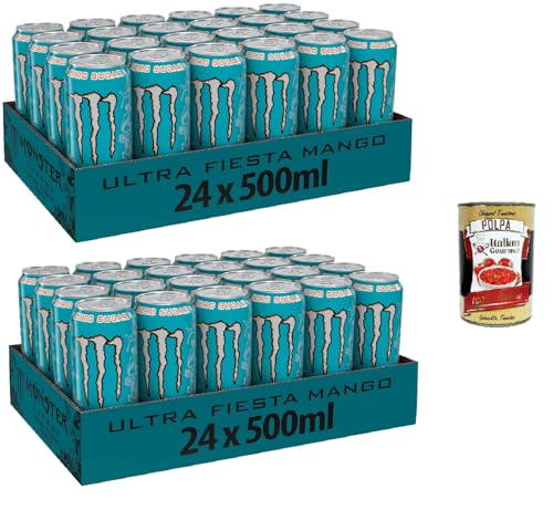 Monster Energy Ultra Fiesta - koffeinhaltiger Energy Drink mit leichtem Mango-Geschmack - ohne Zucker und ohne Kalorien - in praktischen Einweg Dosen (48 x 500 ml) + Italian Gourmet polpa 400g von Italian Gourmet E.R.