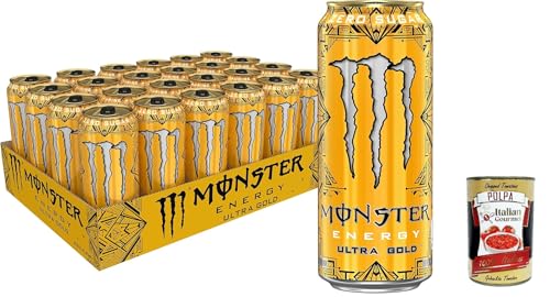 Monster Energy Ultra Gold - koffeinhaltiger Energy Drink mit fruchtigem Ananas-Geschmack - ohne Zucker und ohne Kalorien - in praktischen Dosen (24 x 500 ml) + Italian Gourmet polpa 400g von Italian Gourmet E.R.