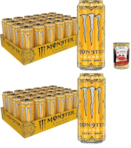 Monster Energy Ultra Gold - koffeinhaltiger Energy Drink mit fruchtigem Ananas-Geschmack - ohne Zucker und ohne Kalorien - in praktischen Dosen (48 x 500 ml) + Italian Gourmet polpa 400g von Italian Gourmet E.R.