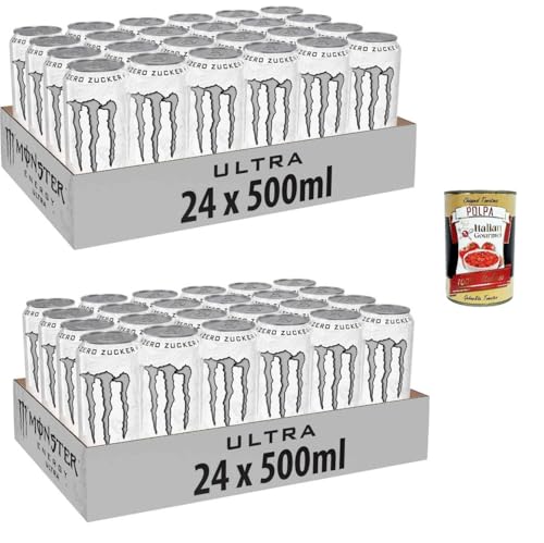 Monster Energy Ultra White - koffeinhaltiger Energy Drink mit sanftem Zitrus-Geschmack - ohne Zucker und ohne Kalorien - in praktischen Einweg Dosen (48 x 500 ml) + Italian Gourmet polpa 400g von Italian Gourmet E.R.