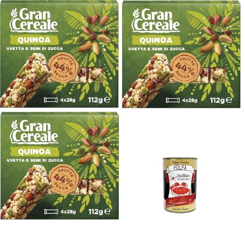 Mulino Bianco, Gran Cereale, Snack Riegel mit getrockneten Früchten, Rosinen, Kürbiskerne und geblasener Quinoa, 3x 112 g + Italian Gourmet polpa 400g Mulino Bianco, Gran Cereale, Snack Riegel mit getrockneten Früchten, Rosinen, Kürbiskerne und geblasener Quinoa, 3x 112 g + Italian Gourmet polpa 400g von Italian Gourmet E.R.