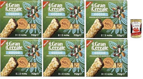 Mulino Bianco, Gran Cereale - Snack, Trockene Obstbalken mit Kokosnussstücken, Schokolade und Mandeln - Frühstück und süße Snacks, 6x 112 g + Italian Gourmet polpa 400g Mulino Bianco, Gran Cereale - Snack, Trockene Obstbalken mit Kokosnussstücken, Schokolade und Mandeln - Frühstück und süße Snacks, 6x 112 g + Italian Gourmet polpa 400g von Italian Gourmet E.R.