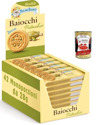 Mulino Bianco Baiocchi mit Pistazien, Keksen mit Pistazien, ideal zum Frühstück oder Snack, ohne Palmöl, Packung von 42 einzelnen Portionen von 28G + Italian Gourmet polpa 400g Mulino Bianco Baiocchi mit Pistazien, Keksen mit Pistazien, ideal zum Frühstück oder Snack, ohne Palmöl, Packung von 42 einzelnen Portionen von 28G + Italian Gourmet polpa 400g von Italian Gourmet E.R.