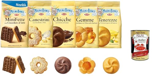 Mulino Bianco Testpaket, Gemme - Canestrini - Chicche - Tenerezze - Mini fette cioccolato, Kekse biskuits cookies kuchen mit Aprikosenmarmelade 5x 200g + Italian Gourmet polpa 400g von Italian Gourmet E.R.