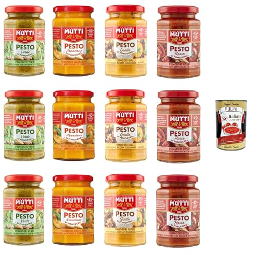 Mutti Pesto Testpaket Pomodori Tomatenpesto Pasta Sauce 100% italienische Tomate Glas 12x 180g Würzsaucen mit Cashewnüssen, Grana Padano und Pecorino Romano + Italian Gourmet polpa 400g von Italian Gourmet E.R.