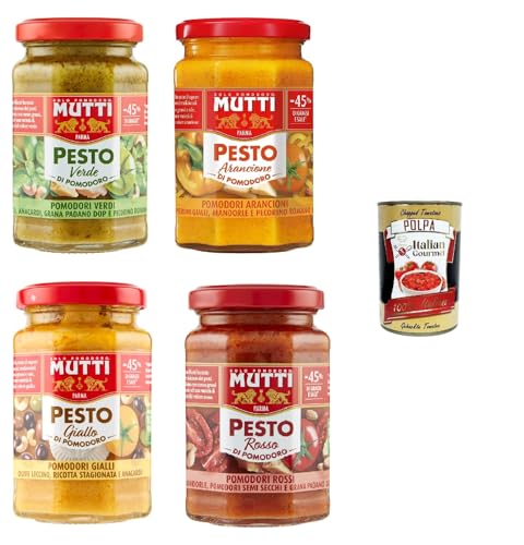 Mutti Pesto Testpaket Pomodori Tomatenpesto Pasta Sauce 100% italienische Tomate Glas 4x 180g Würzsaucen mit Cashewnüssen, Grana Padano und Pecorino Romano + Italian Gourmet polpa 400g von Italian Gourmet E.R.