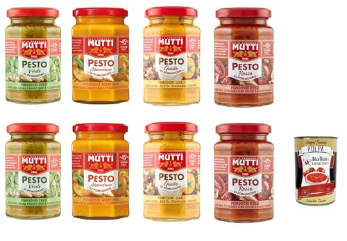 Mutti Pesto Testpaket Pomodori Tomatenpesto Pasta Sauce 100% italienische Tomate Glas 8x 180g Würzsaucen mit Cashewnüssen, Grana Padano und Pecorino Romano + Italian Gourmet polpa 400g von Italian Gourmet E.R.